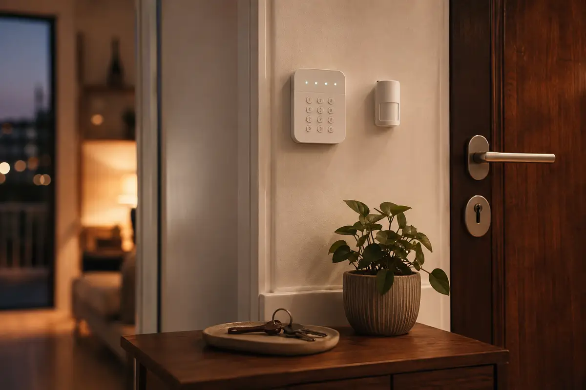 Teclado de alarma inalámbrico y sensor de movimiento en la pared del recibidor de un piso, junto a la puerta de entrada