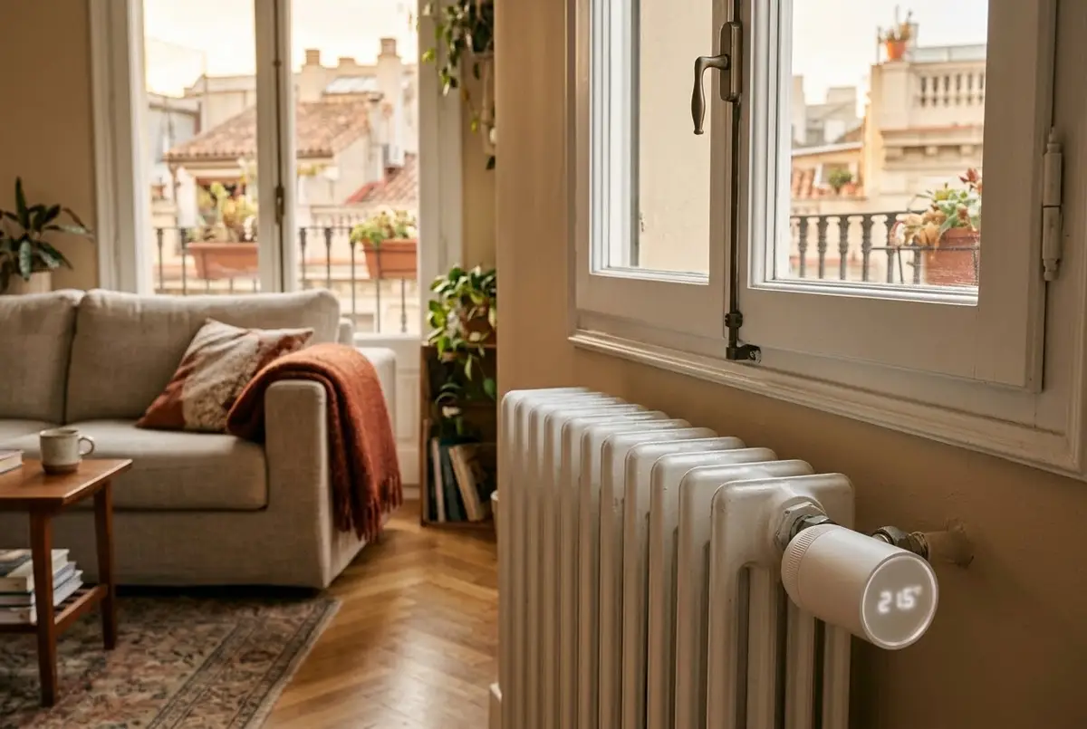 Detalle de un cabezal termostático inteligente enroscado en el radiador de un salón de piso del Eixample, con la luz baja de una tarde de otoño entrando por el balcón y un sofá con una manta al fondo