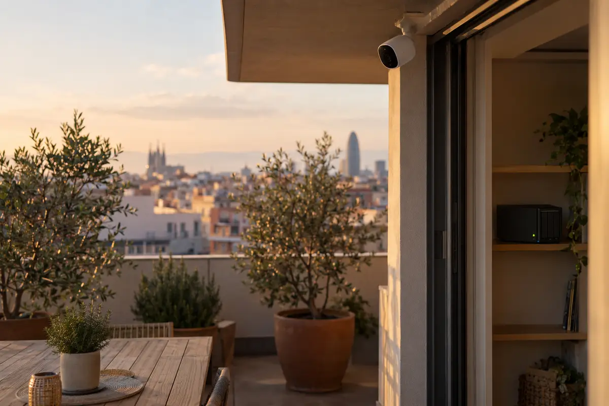 Cámara de vigilancia blanca bajo el alero de una terraza con vistas a Barcelona al atardecer, con un pequeño grabador local en la estantería del interior