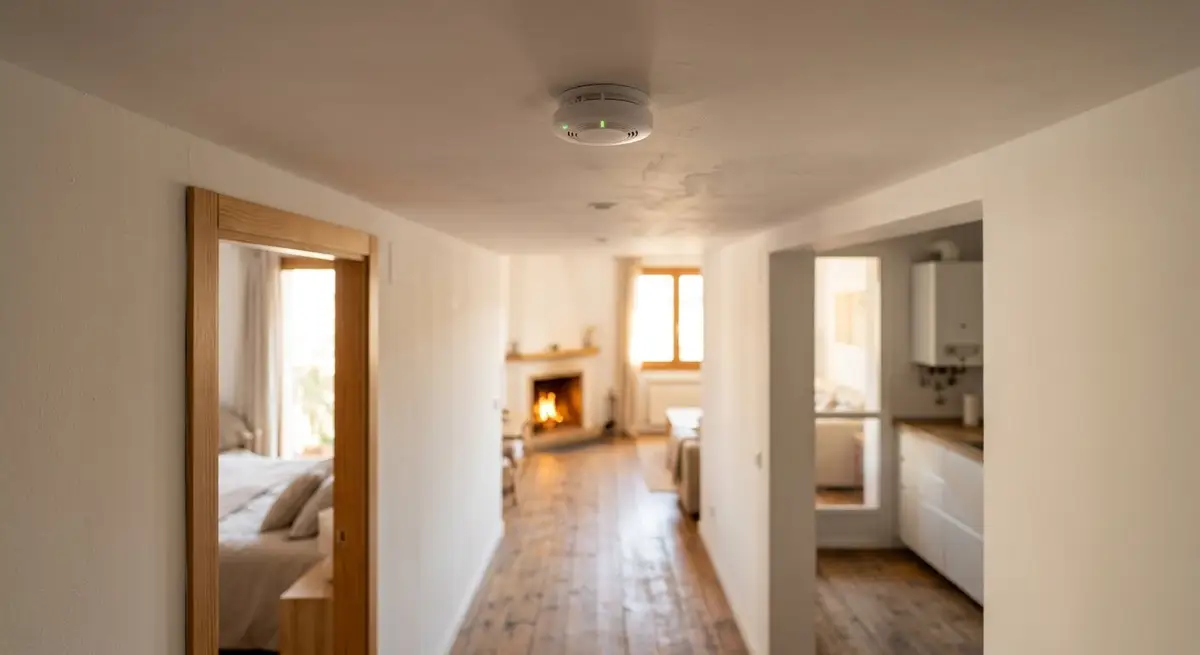 Detector de humo blanco instalado en el techo del pasillo de un piso, con la luz cálida de una tarde de otoño