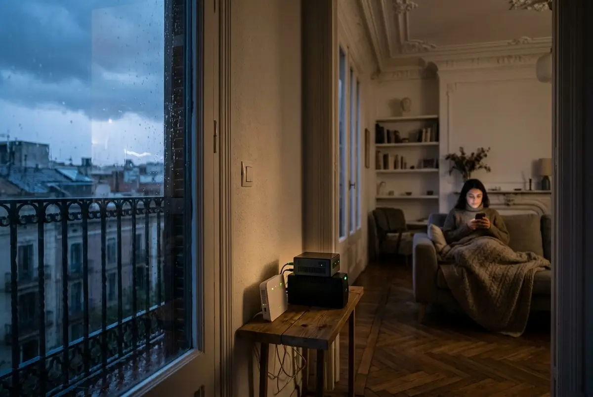 Router y pequeño servidor domótico sobre un SAI en una mesita junto al balcón de un piso del Eixample, con sus luces de estado encendidas durante un apagón de tormenta; al fondo, una mujer tapada con una manta consulta el móvil en el sofá