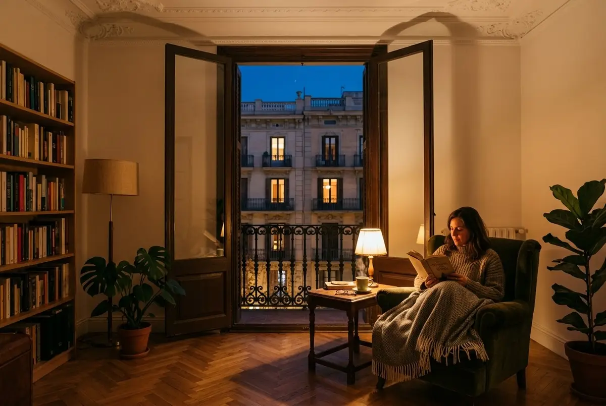 A living room in an Eixample flat at the blue hour, lit only by a table lamp with a warm, dim glow: someone reads in an armchair under a blanket while, through the open balcony doors, you can see the blue sky and the lit windows of the building opposite
