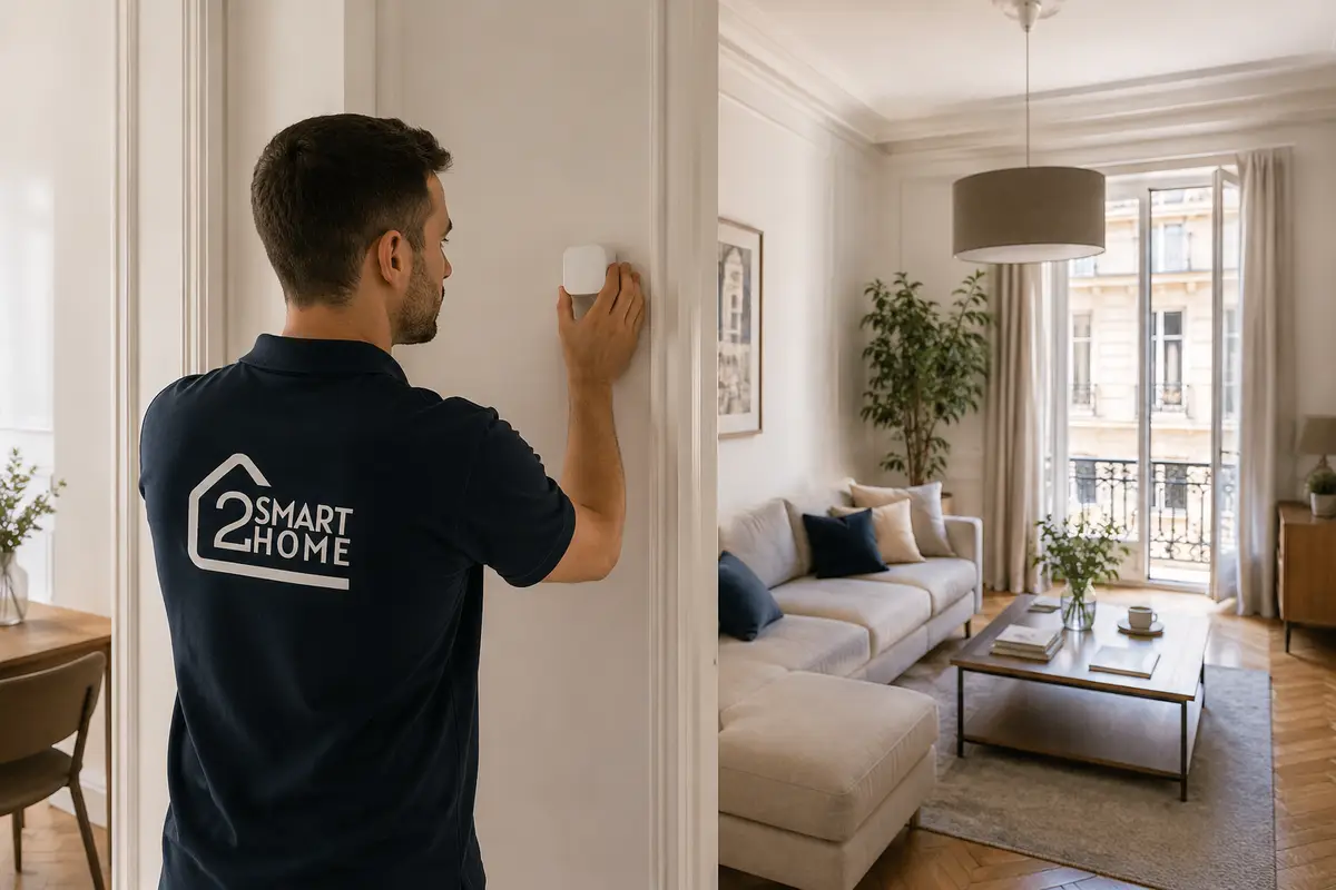 Técnico instalando un sensor inalámbrico de domótica en un piso ya construido, sin hacer obras