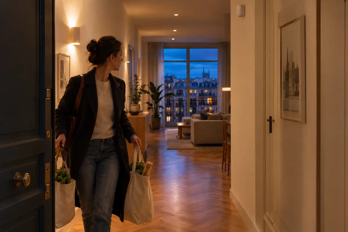 Mujer entrando con bolsas de la compra en el recibidor de un piso de Barcelona al anochecer mientras las luces del pasillo se encienden solas; por la ventana del fondo, el cielo azul de la hora azul sobre los tejados del Eixample