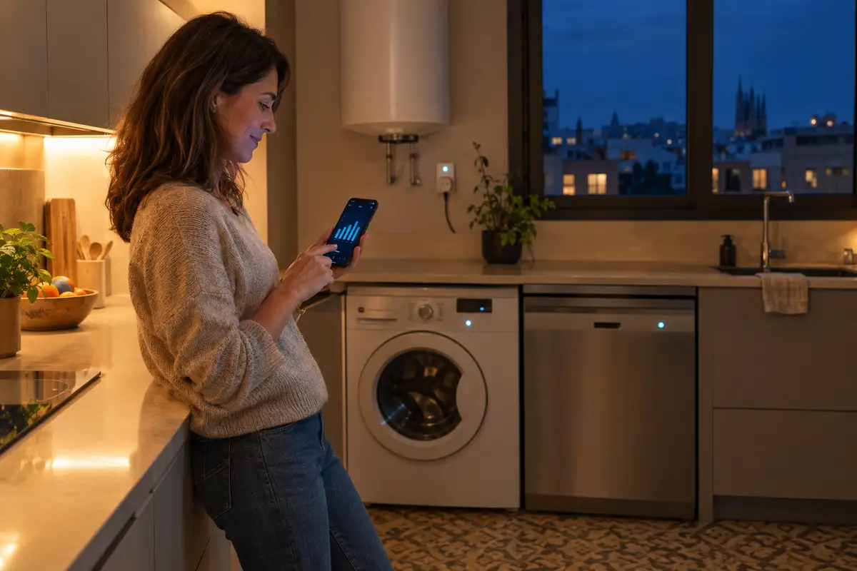 Mujer apoyada en la encimera de su cocina en Barcelona al anochecer, consultando en el móvil el gráfico de consumo eléctrico de casa, con la lavadora y el lavavajillas en marcha y un enchufe inteligente junto al termo