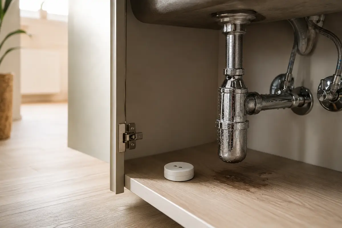 Sensor de fugas de agua colocado en el suelo junto al sifón bajo el fregadero de una cocina
