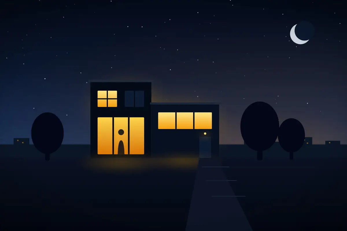 Ilustración de una casa de noche con varias ventanas iluminadas y una silueta en el interior