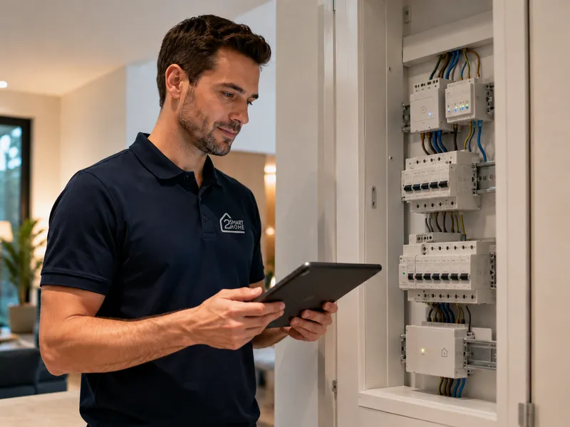 Técnico revisando la instalación domótica del hogar