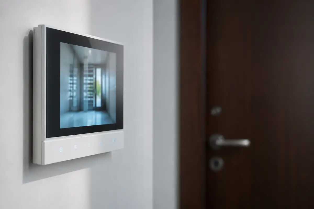 Monitor de videoportero moderno con pantalla a color montado en la pared del recibidor de una vivienda